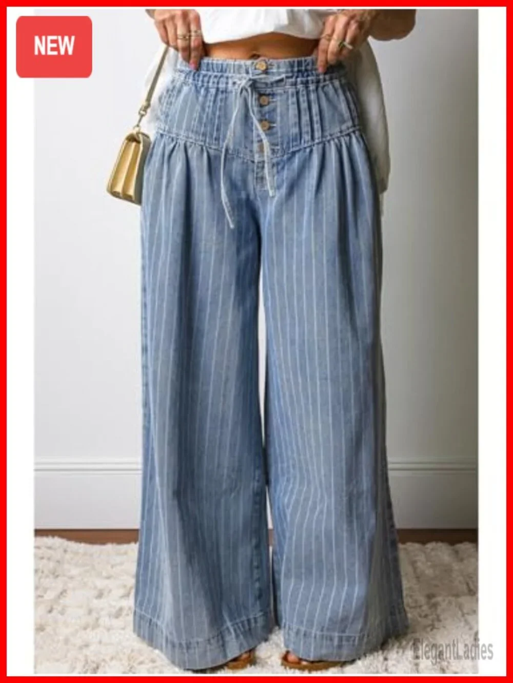 Baggy Wide Leg Denim Jeans with Drawstring Waist Ruffle Pleated Flare Pants